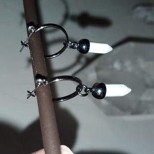 Unique Black Ion Gunmetal Dark Finish Genuine White Howlite Stone Hoop Earrings